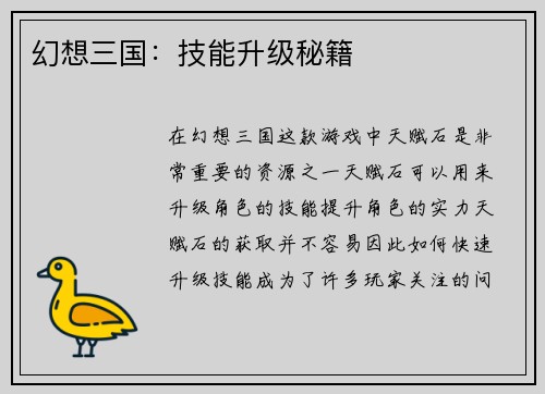 幻想三国：技能升级秘籍